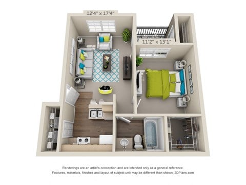 Floor plan for 1 bed, 1 bath, 613 sqft